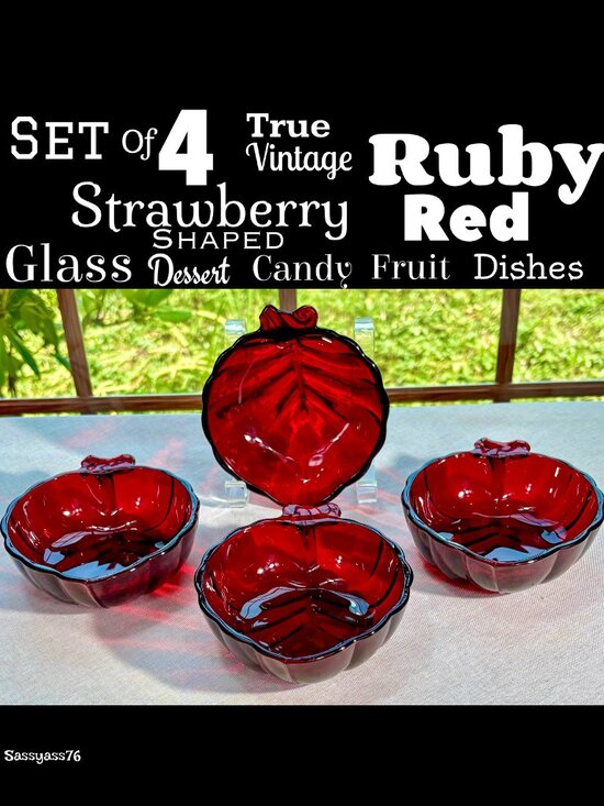 Vintage Other - ▪️VTG▪️Mid-Century Set SIX Ruby Red Strawberry Shaped Glass Dessert Candy Dishes